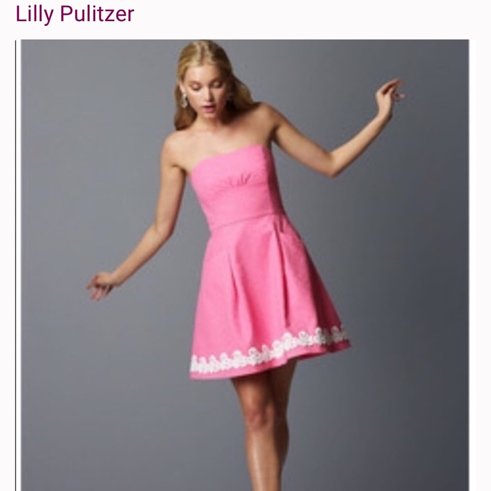 Lilly Pulitzer Pink Jacquard Dress with White Floral Embroidered Hem